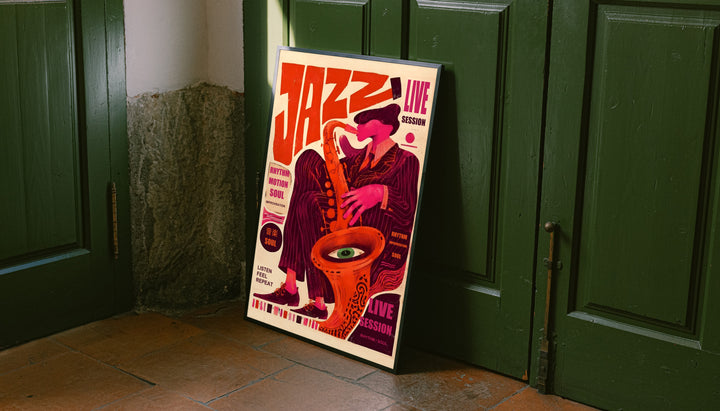 Unframed jazz music poster with sax player and surreal eye, vivid red and orange