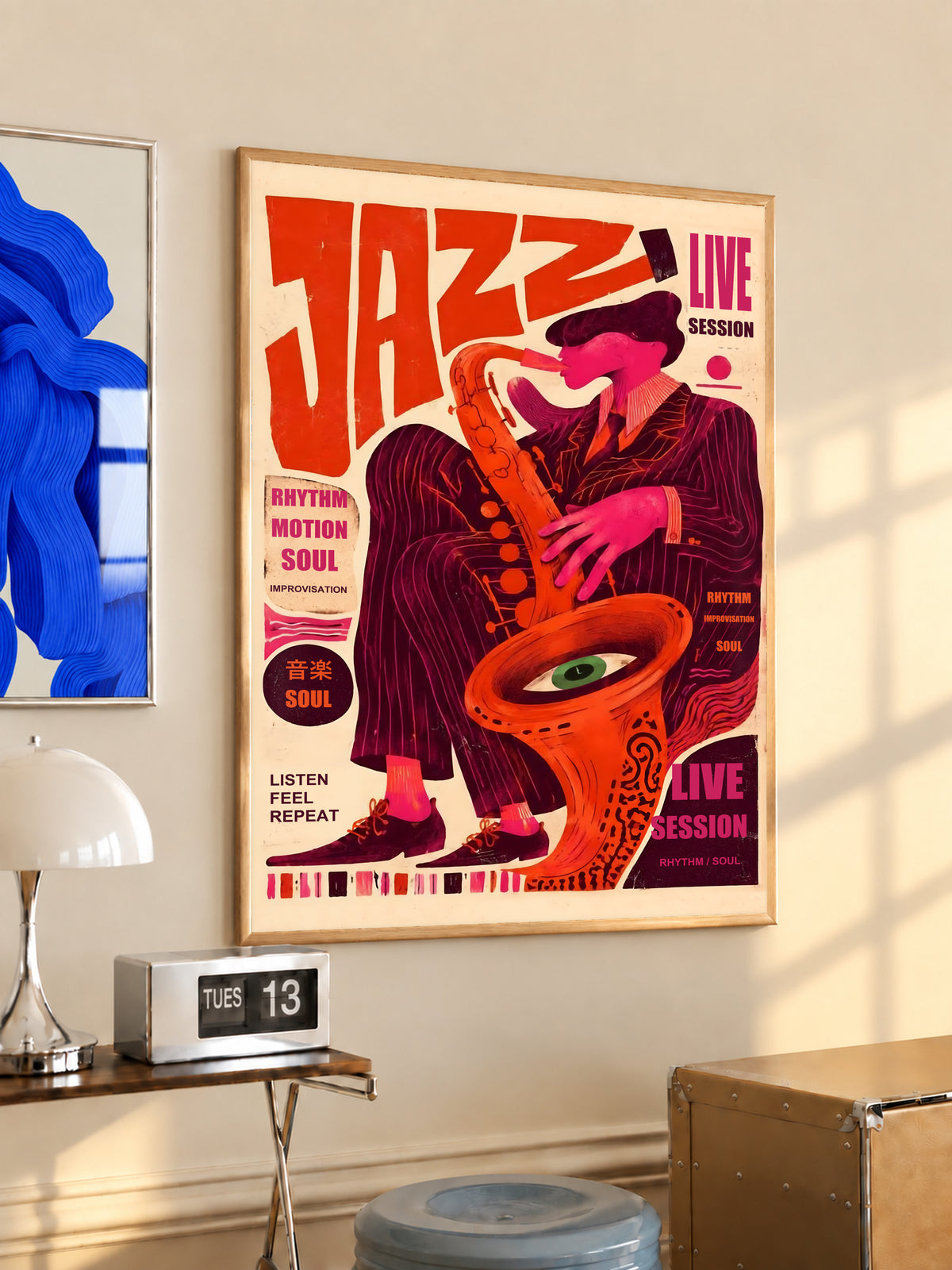Wood-framed jazz music poster featuring sax player and surreal eye in red and orange
