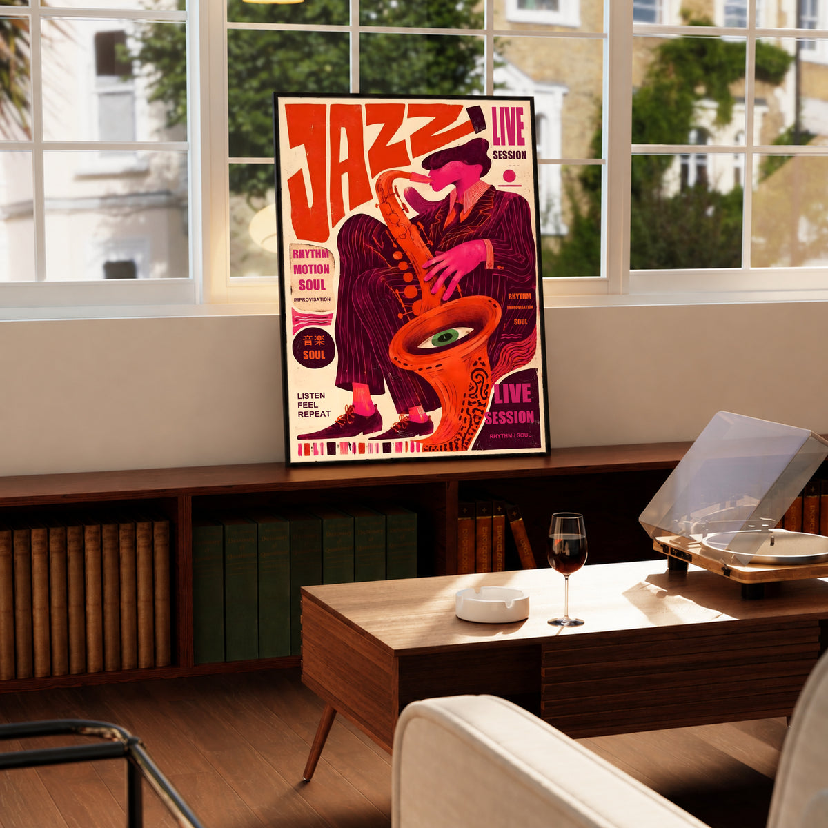 Framed jazz poster showing sax player and surreal eye, red and orange illustration