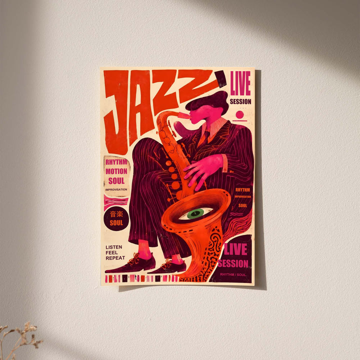 Jazz music poster with sax player and surreal eye, bold red and orange artwork