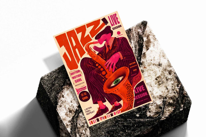 Jazz music poster with red and orange sax player and surreal eye, on textured surface