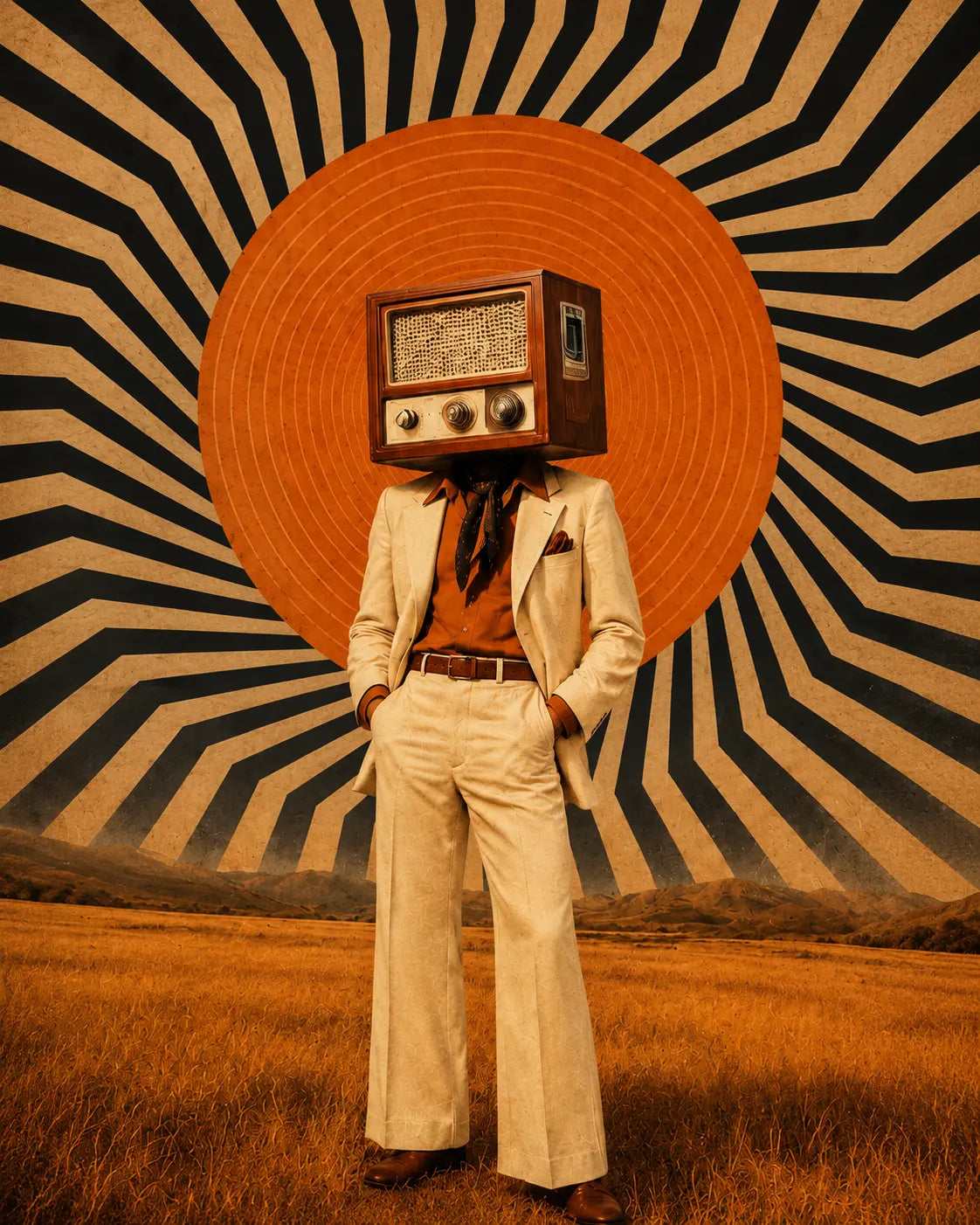 Surreal retro radio-head portrait art print with striped rays background and tan suit