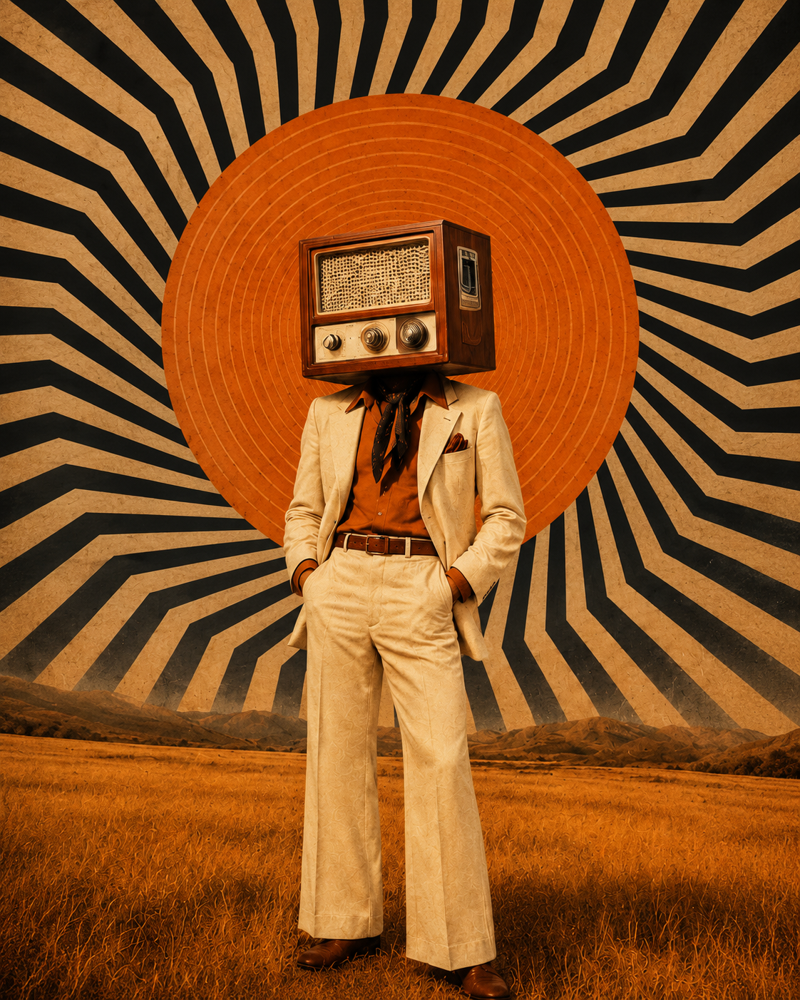 Retro Radio Head Surreal Art Print featuring a figure with a vintage radio head in green, blue and red