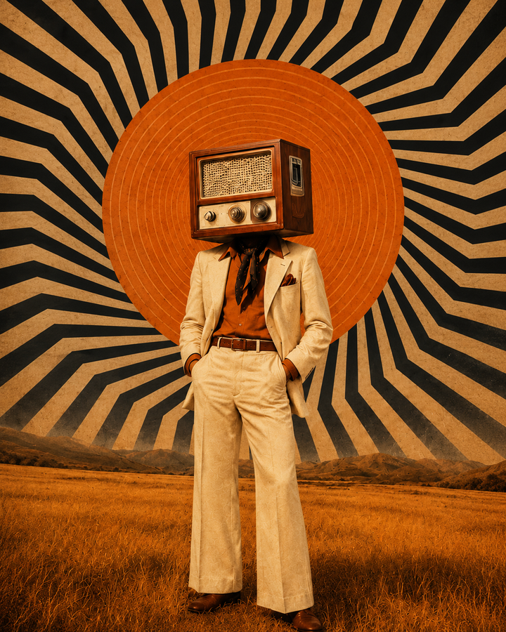 Retro Radio Head Surreal Art Print featuring a figure with a vintage radio head in green, blue and red