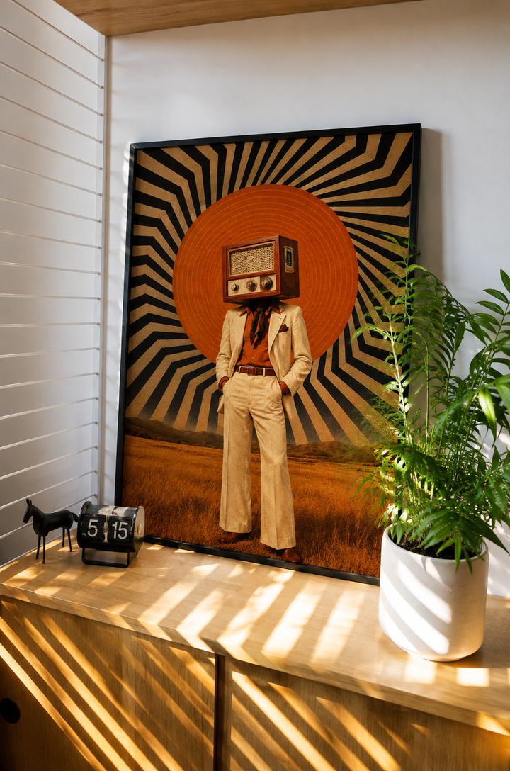 Retro Radio Head Surreal Art Print displayed in a stylish modern interior with eclectic decor