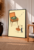 Framed wall print with retro record player, dancing couple, and music notes on cream paper