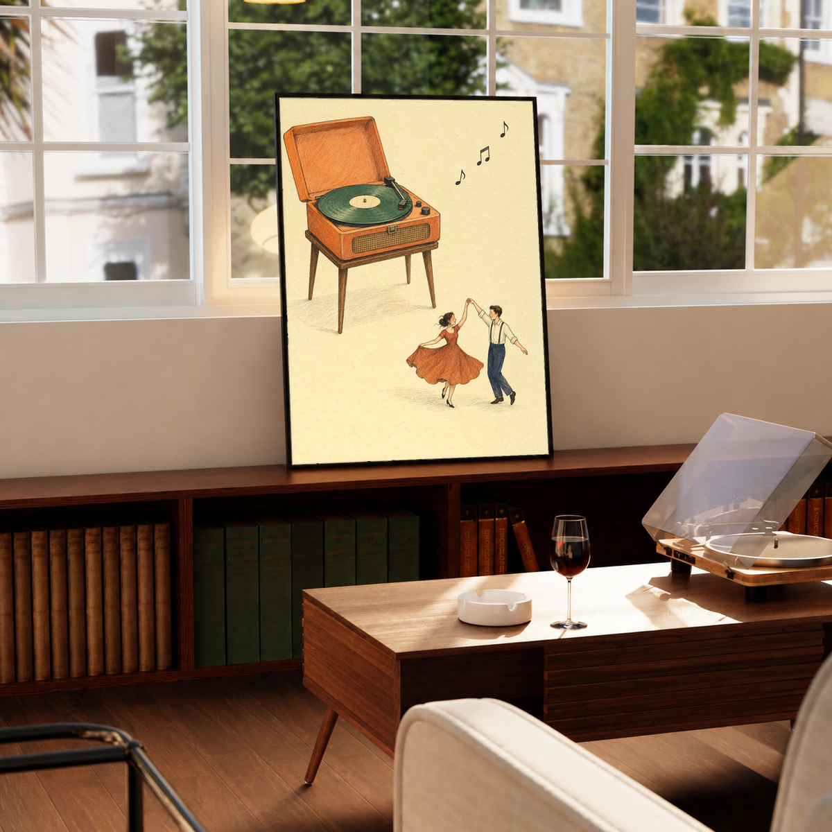 Framed print with retro record player illustration and dancing couple under music notes