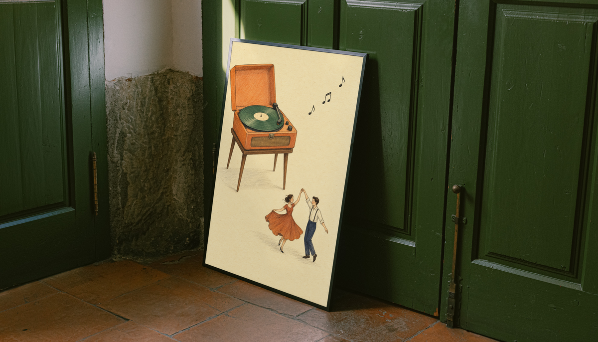 Framed wall print with retro record player and dancing couple with music notes