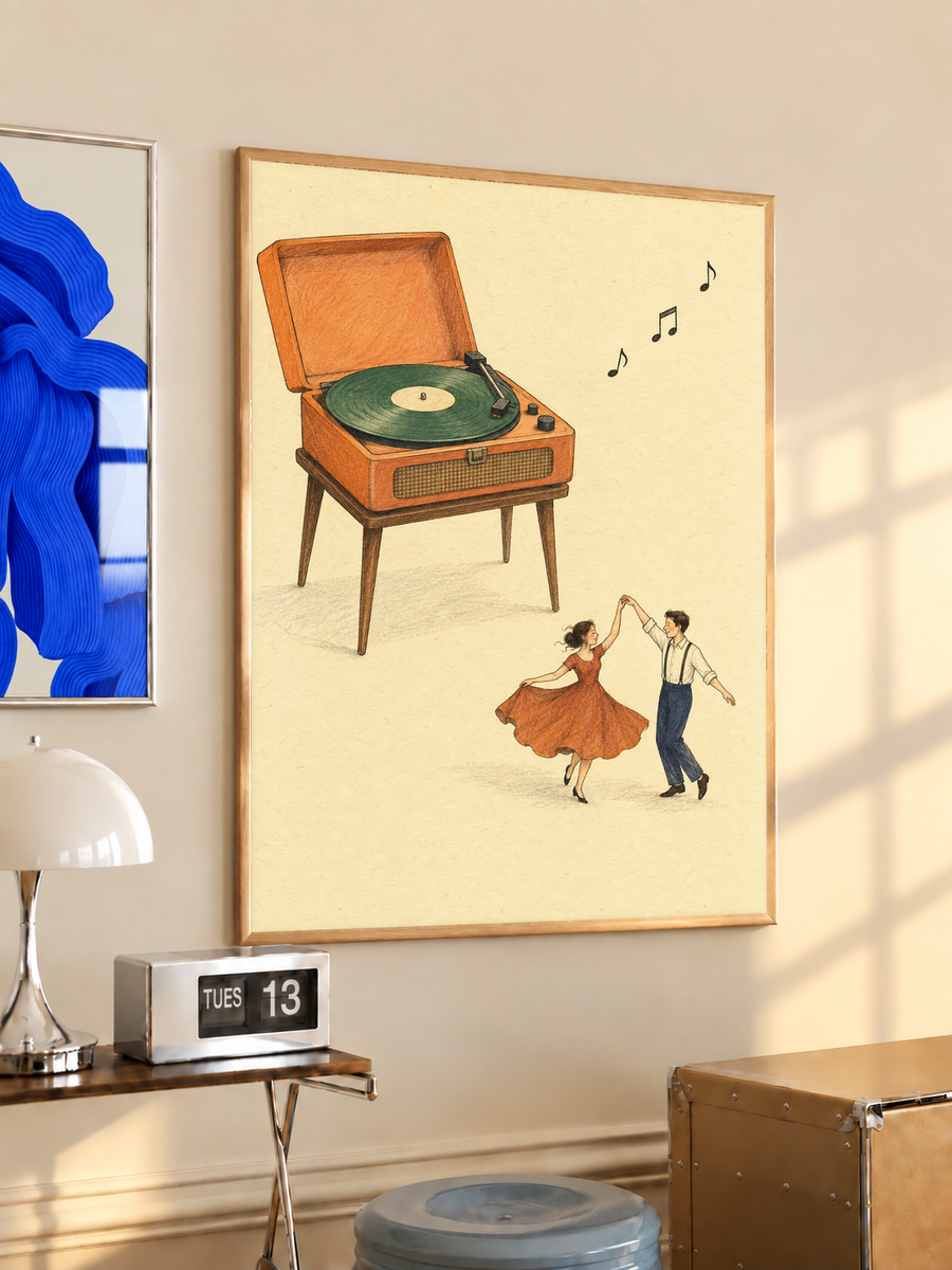 Framed poster print featuring a retro record player and dancing couple with music notes