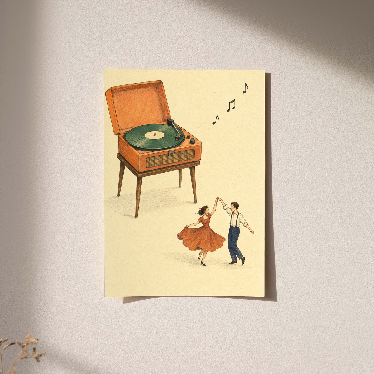 Cream paper art print with retro record player, dancing couple, and music notes