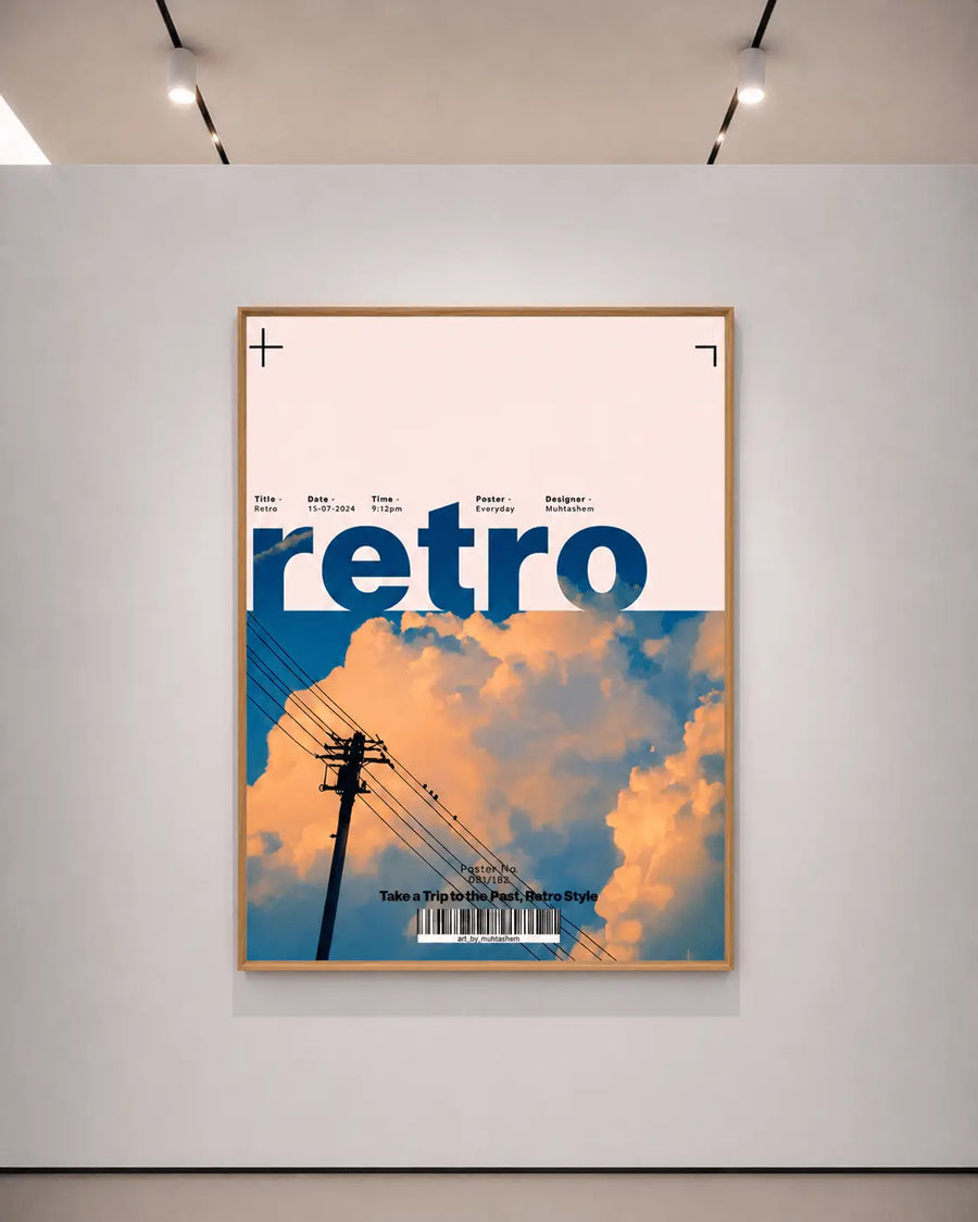 Lámina retro enmarcada con letras “retro” y una escena de nubes al atardecer con cables telefónicos