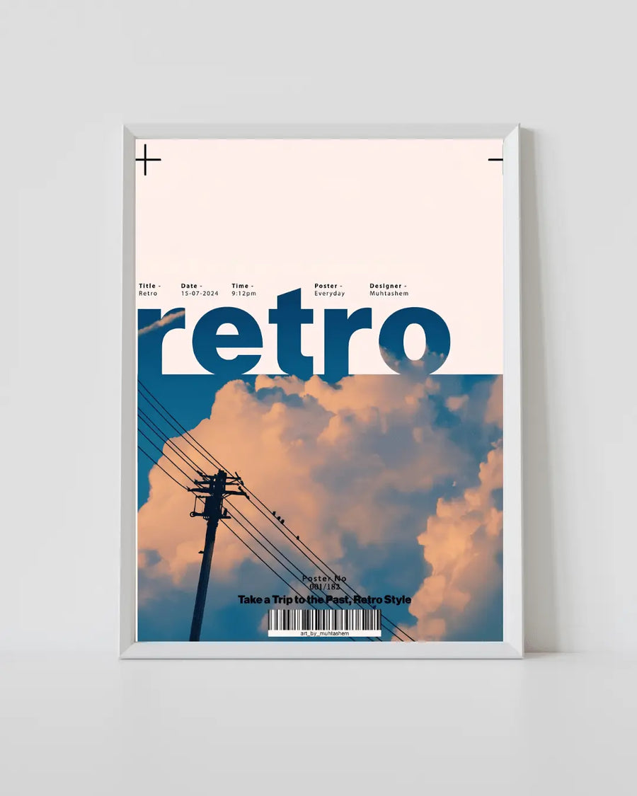Estampado retro de cielo con marco blanco y gran texto “retro” sobre nubes en cielo naranja y azul