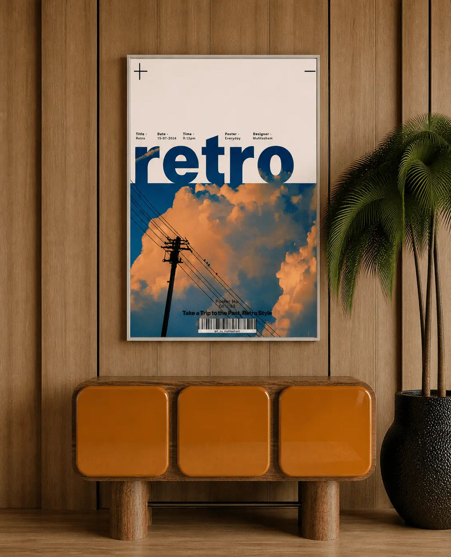 Lámina retro con marco de roble y un gran texto “retro” sobre nubes naranjas y azules