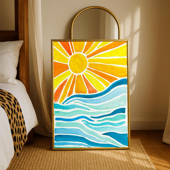 Sun rays over ocean waves in a warm wood frame on a bedroom floor beneath an arched mirror