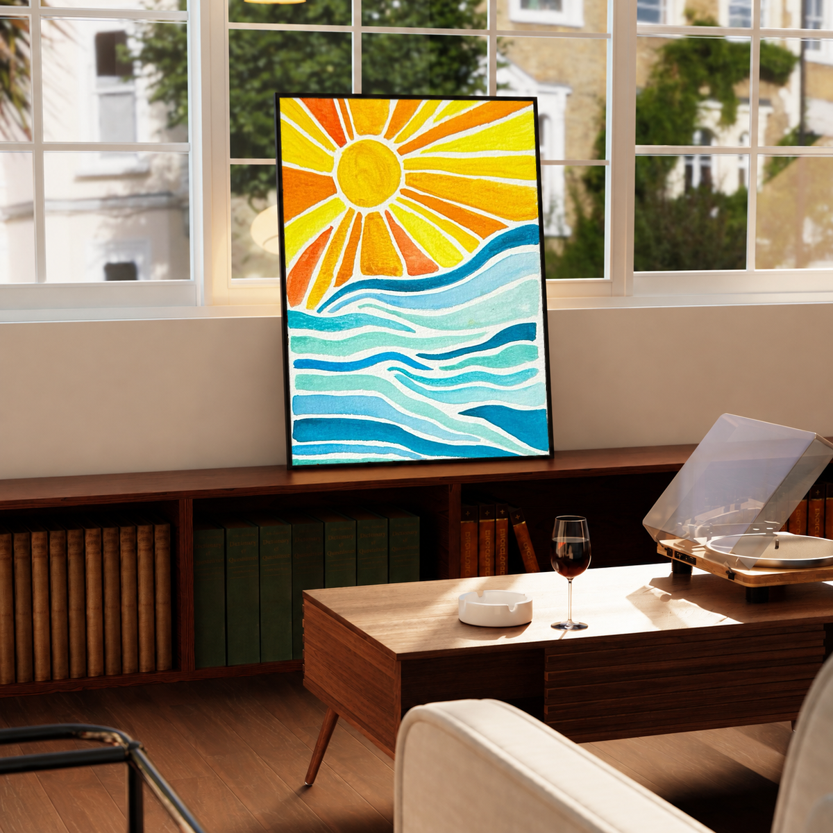 Sun rays over ocean waves in a black frame on a windowsill above a green radiator, with a turntable nearby