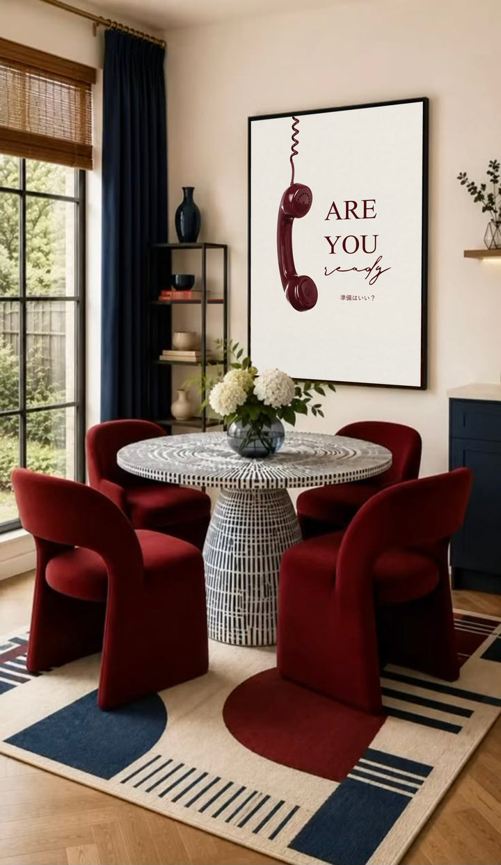 Framed typography telephone poster with burgundy lettering on cream, black frame
