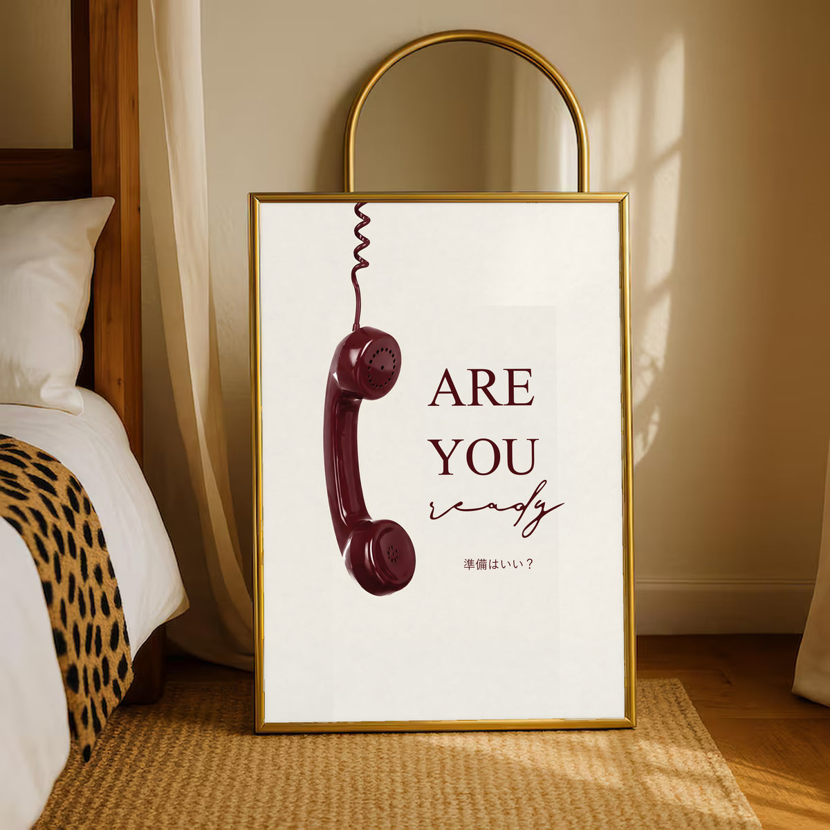 Gold-framed telephone typography poster with burgundy 'ARE YOU' on cream