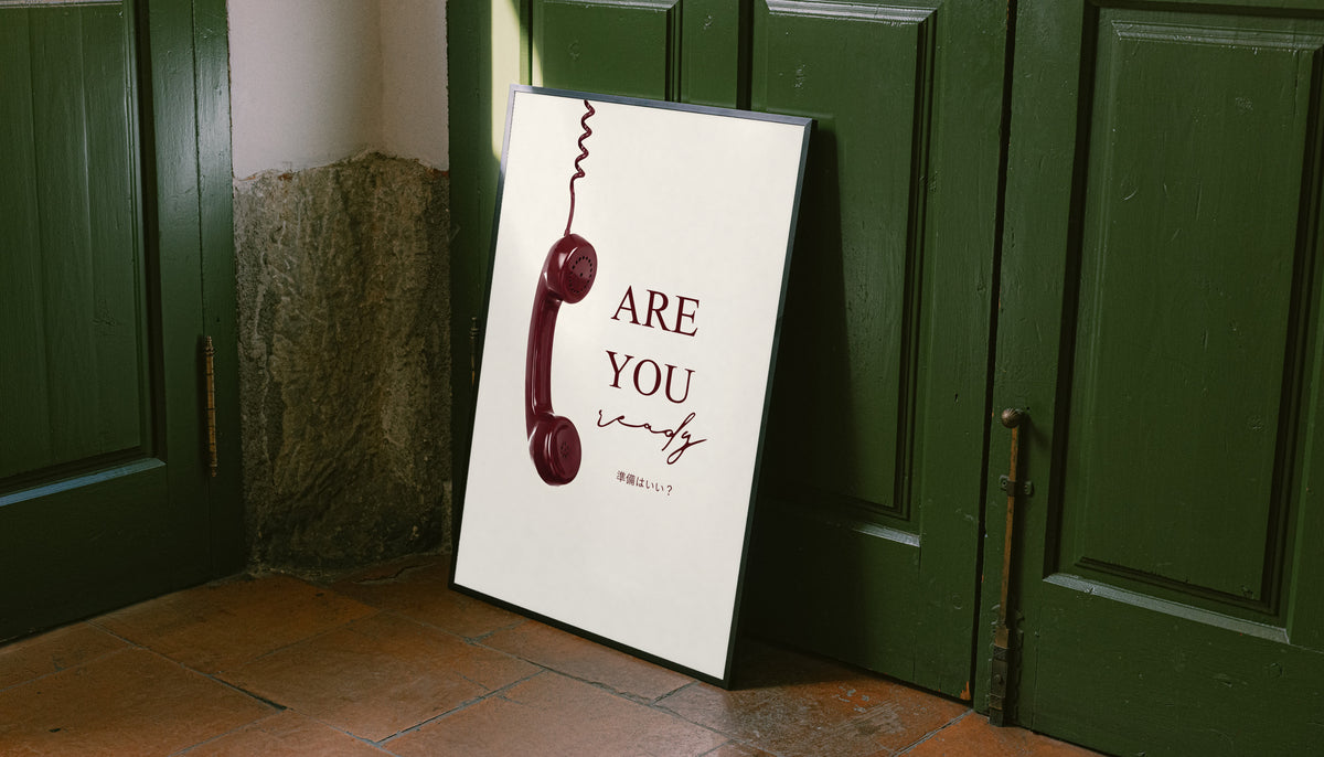 Typography telephone poster with burgundy 'ARE YOU' on cream, unframed