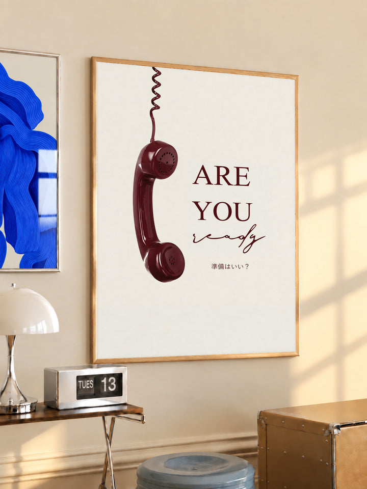 Framed telephone typography poster with burgundy 'ARE YOU' on cream, wood frame