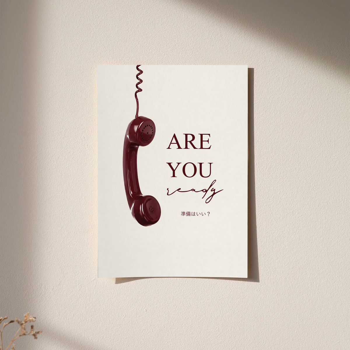 Typography telephone poster with burgundy text on cream background, unframed