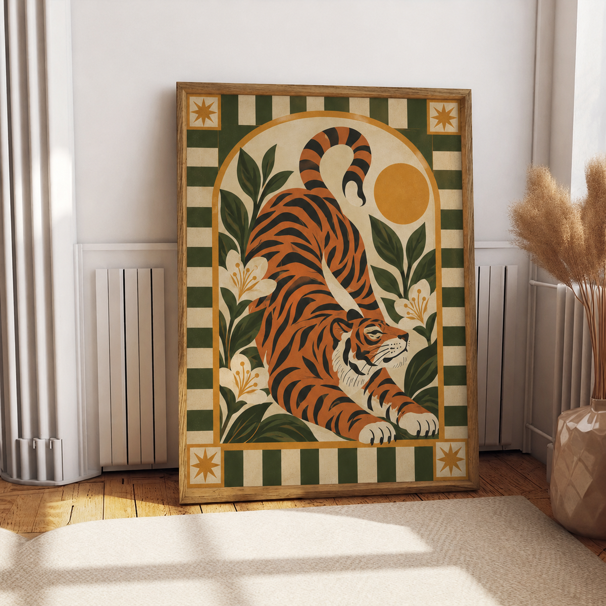 Retro tiger botanical wall art displayed in a contemporary living room