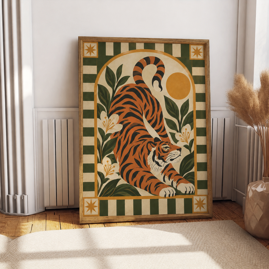 Retro tiger botanical wall art displayed in a contemporary living room