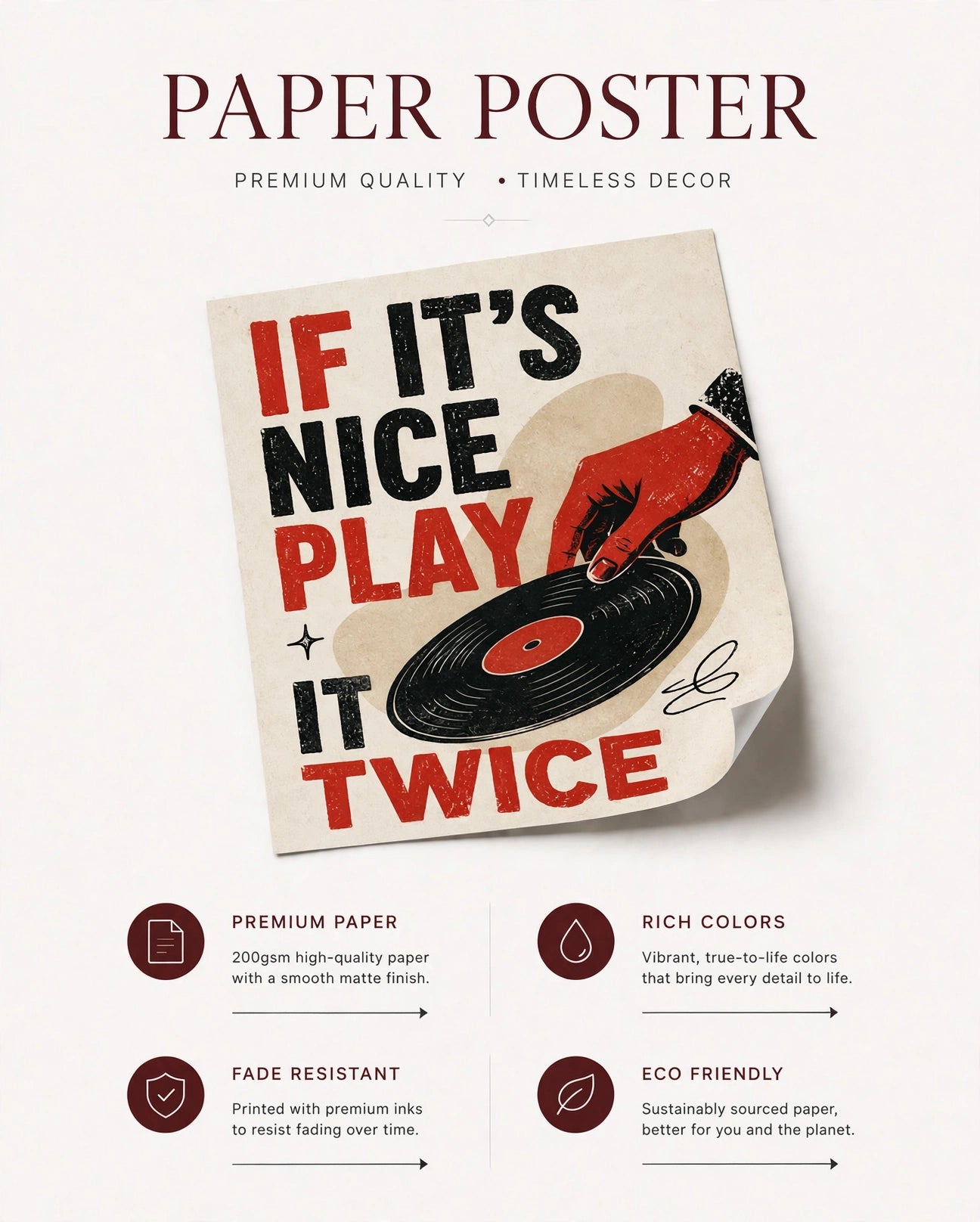 Paper poster wall art with “If It’s Nice Play It Twice” quote and vinyl record graphic