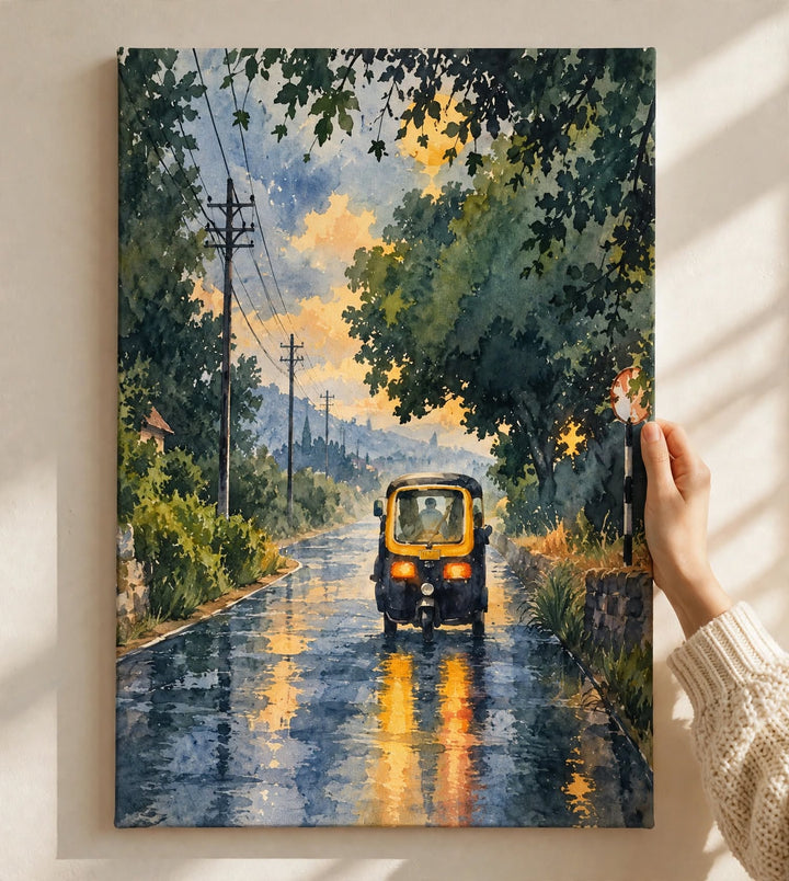 Rainy City Watercolor Art Print with golden tram reflections stretching across wet blue pavement