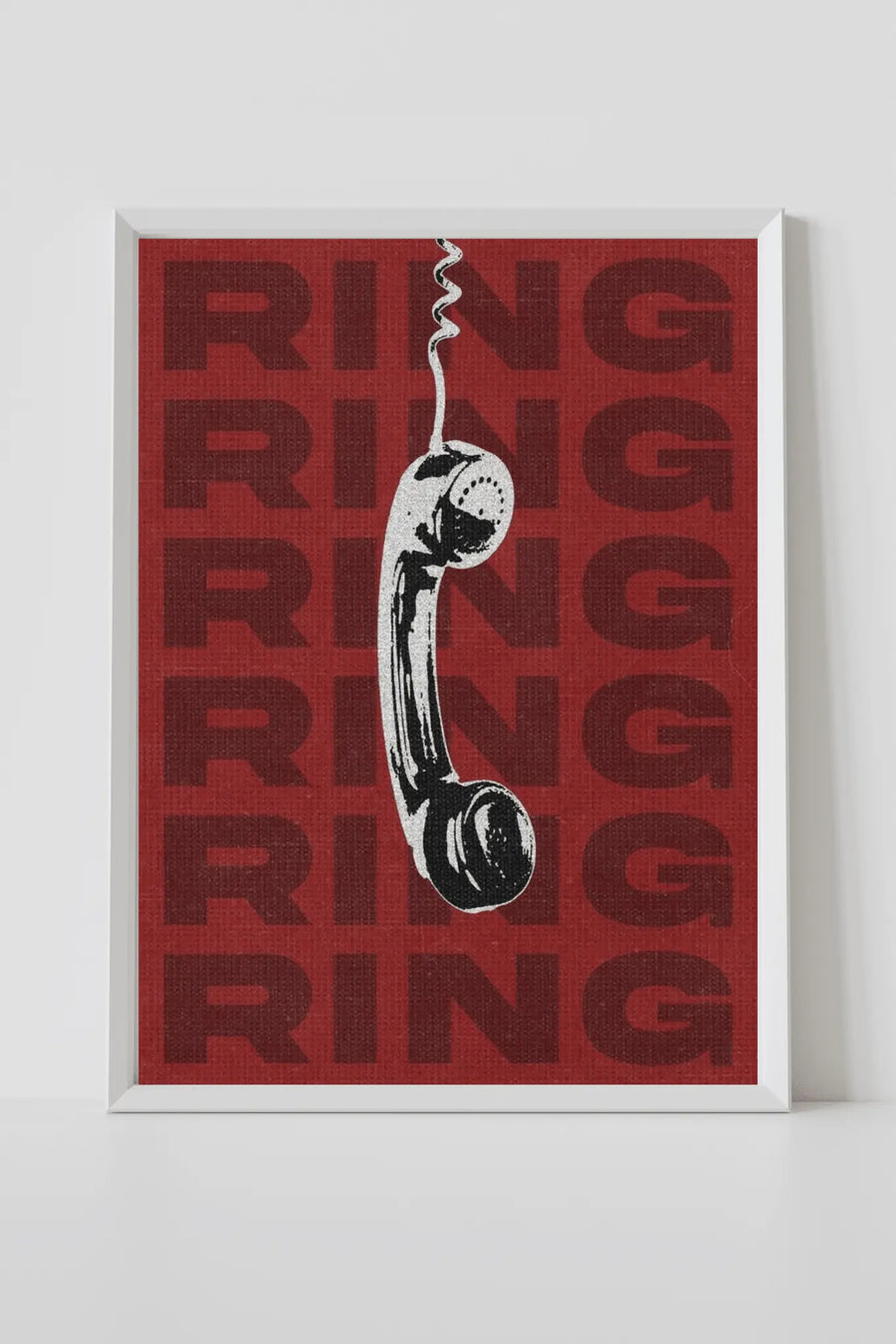 Impresión de arte mural de teléfono rojo con icono de auricular negro y texto repetido "RING"