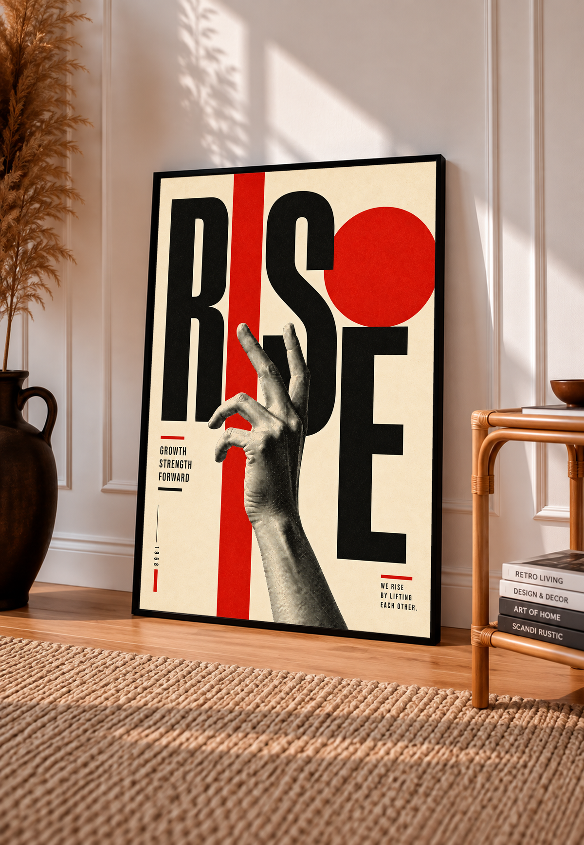 A reaching monochrome hand across oversized Rise lettering and red geometric shapes in a black frame leaning on a sunlit floor beside a rattan chair