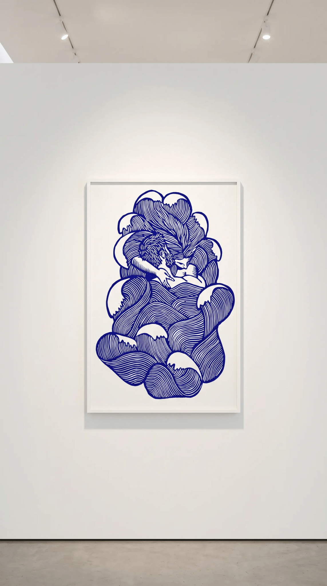 Framed print de arte abstracto de líneas azules con formas densas y arremolinadas, similares a nubes