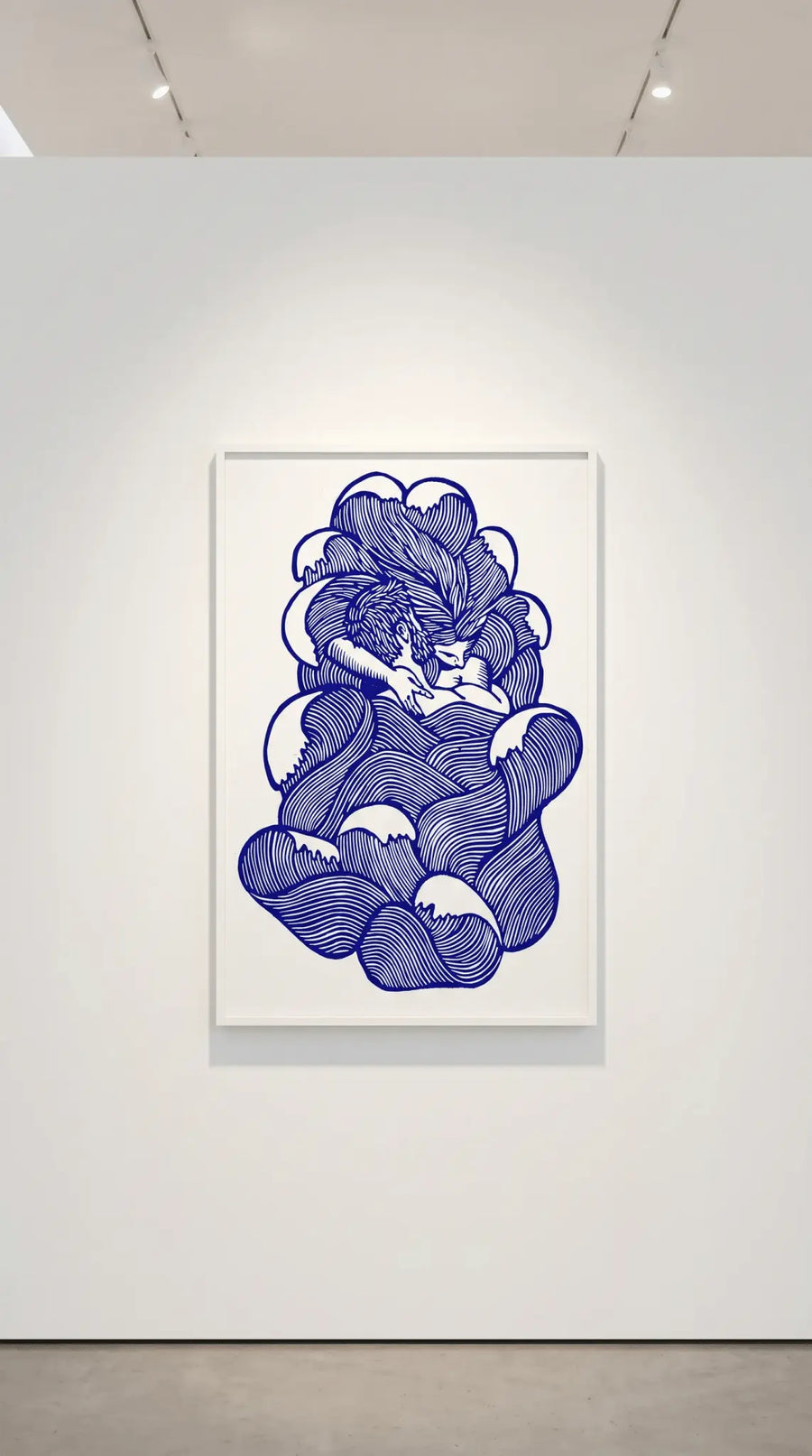 Framed print de arte abstracto de líneas azules con formas densas y arremolinadas, similares a nubes