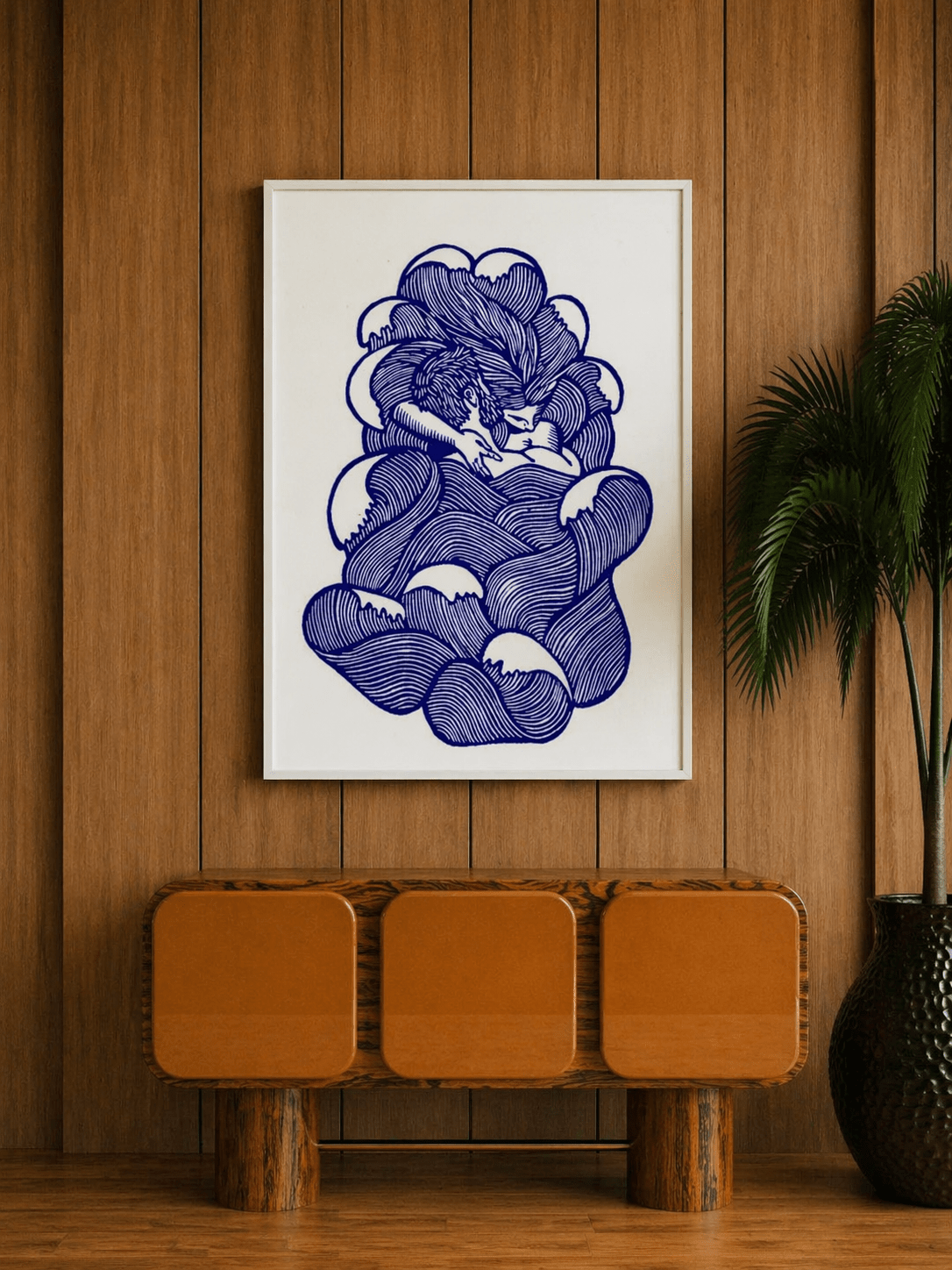 Impresión enmarcada de arte lineal abstracto en azul con ondas entrelazadas con forma de nube