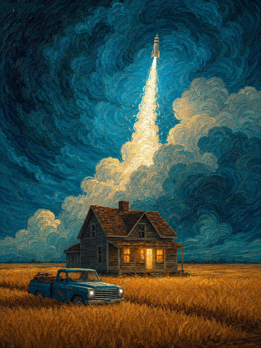 Glowing farmhouse, vintage car and rocket launch in a deep blue night scene