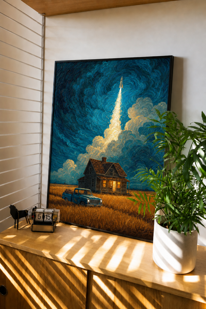 Rocket house night surreal art print in a dark modern interior