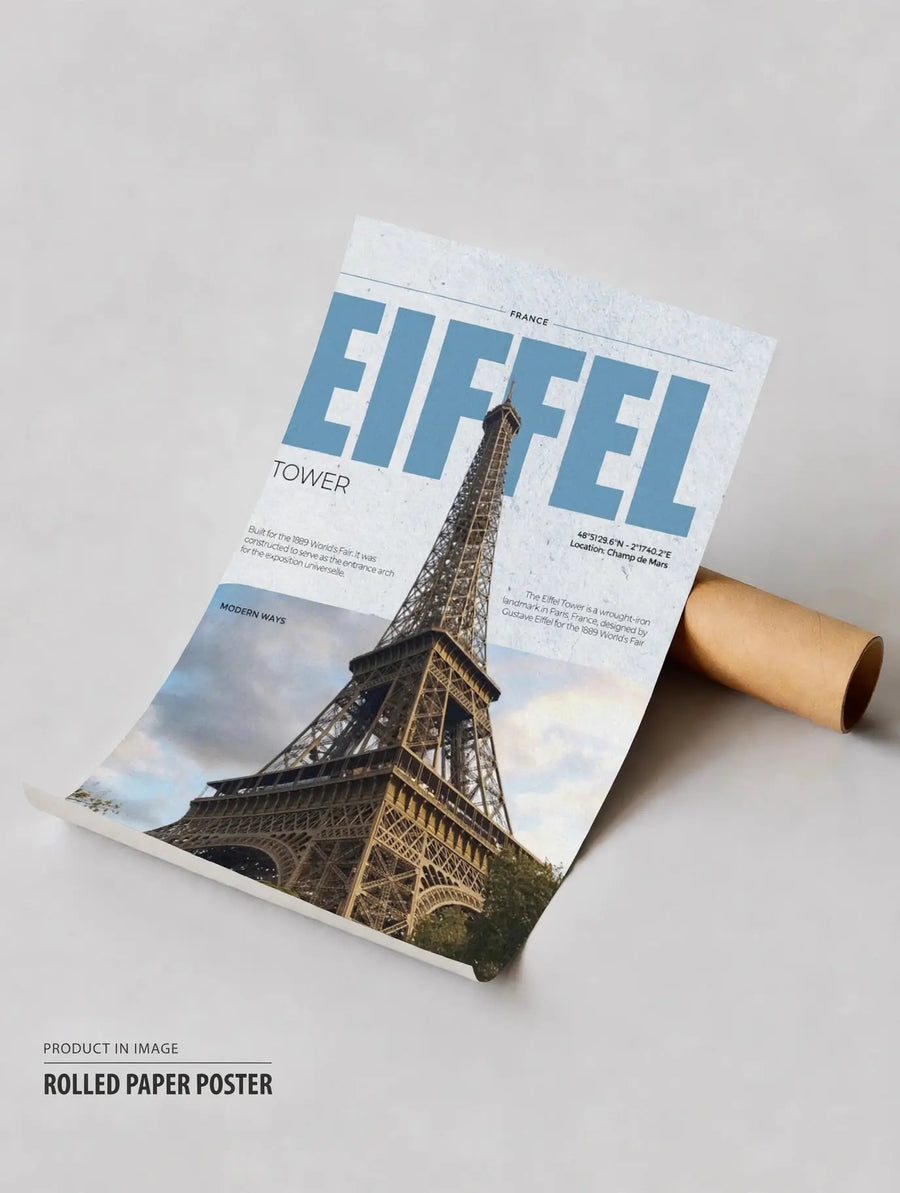 Póster de viaje enrollado de la Torre Eiffel en azul con ilustración de la torre sobre papel