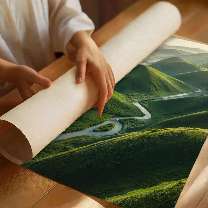 Winding Road Green Hills Art Print shown as an unframed poster with rich green landscape scenery