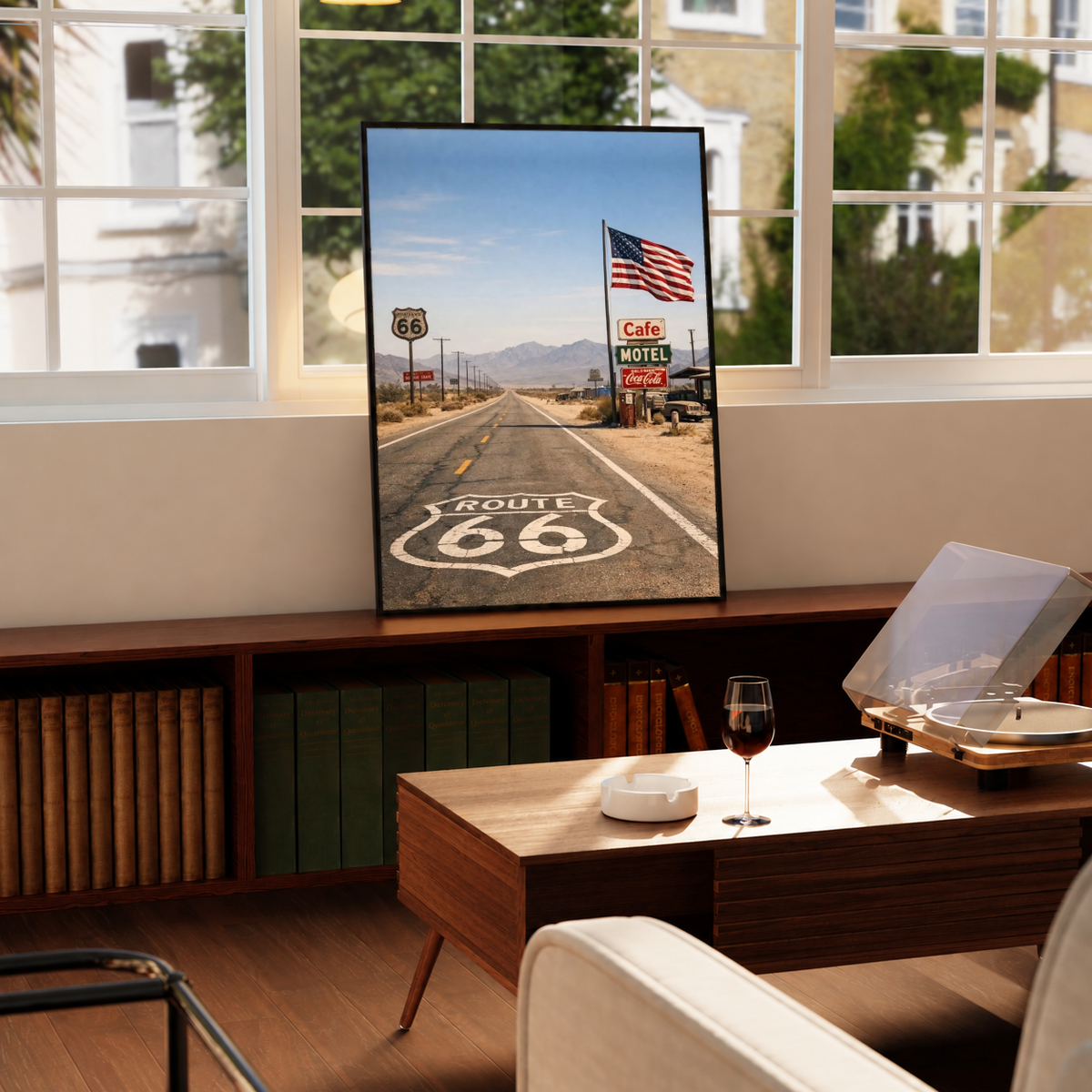 Framed Route 66 highway poster, blue sky desert road view
