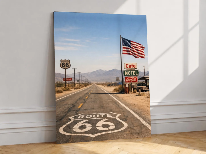 Canvas artwork depicting desert highway and Route 66 road marking, leaning against a white wall in angled sunlight.