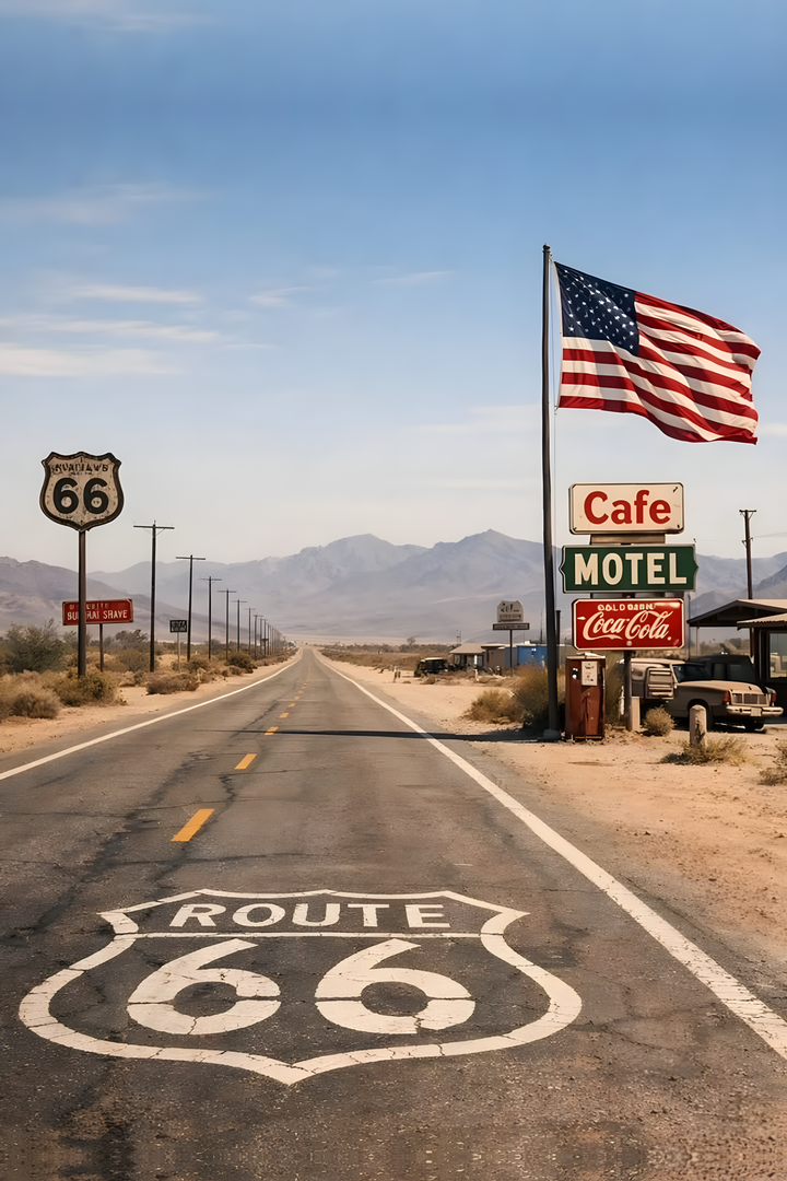Desert highway and route 66 road marking in sky blue, sand beige, asphalt gray.