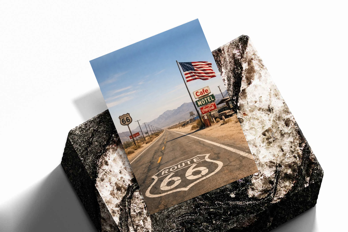 Unframed artwork depicting desert highway and Route 66 road marking, presented diagonally on rough stone.