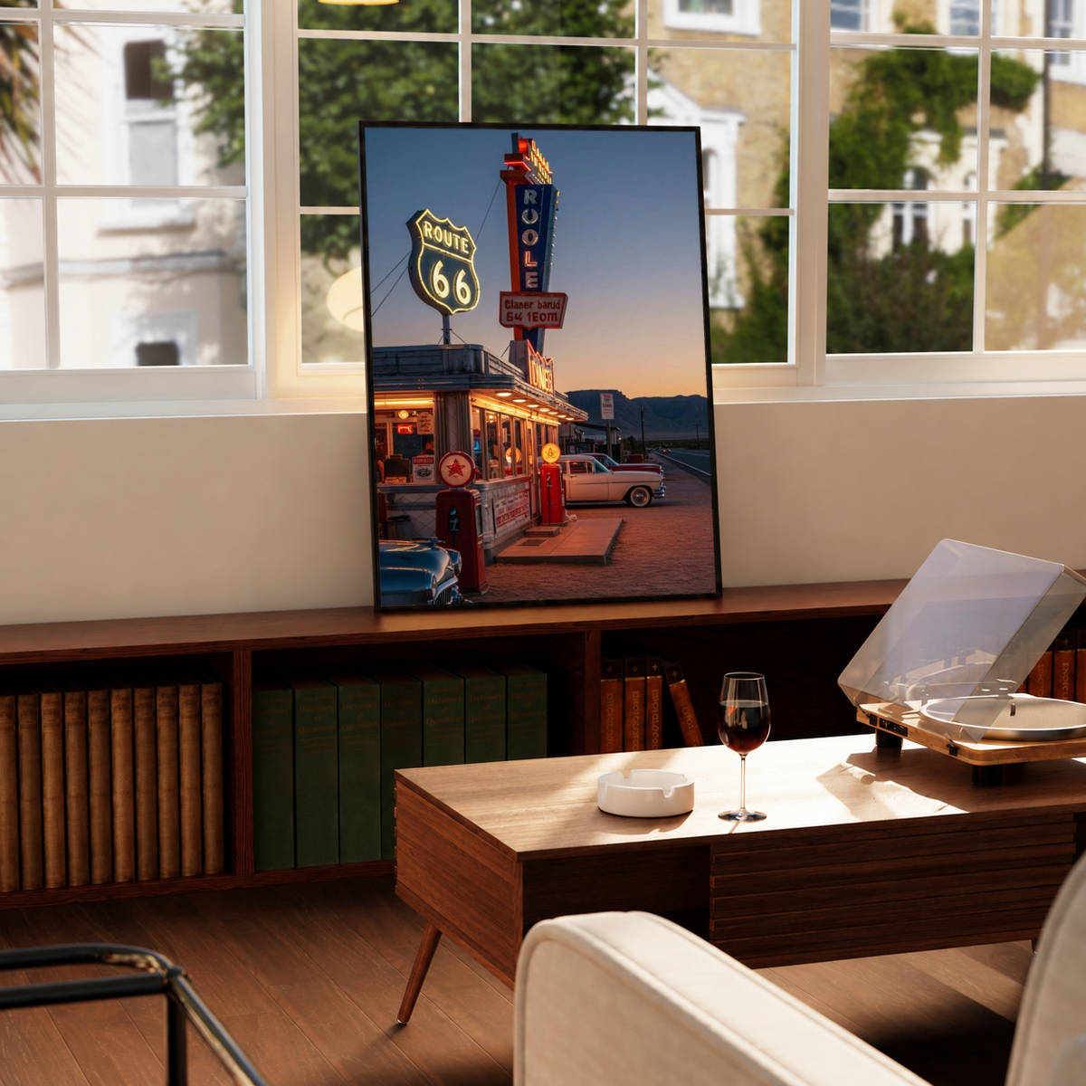 Route 66 Diner Poster in a black frame near a window and wooden table in a sunlit sitting room.