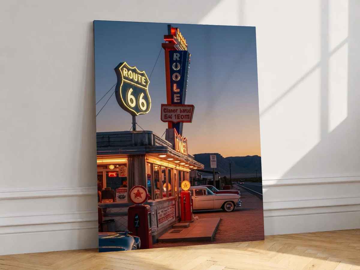 Canvas artwork depicting neon diner sign with cars and roadside pumps at dusk, leaning against a white wall in angled sunlight.