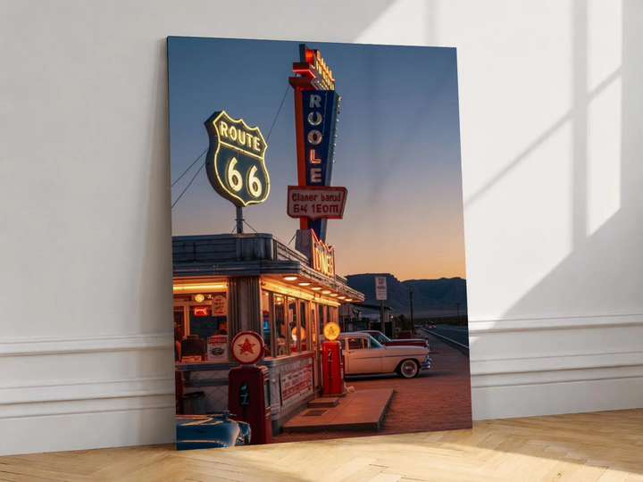 Canvas artwork depicting neon diner sign with cars and roadside pumps at dusk, leaning against a white wall in angled sunlight.