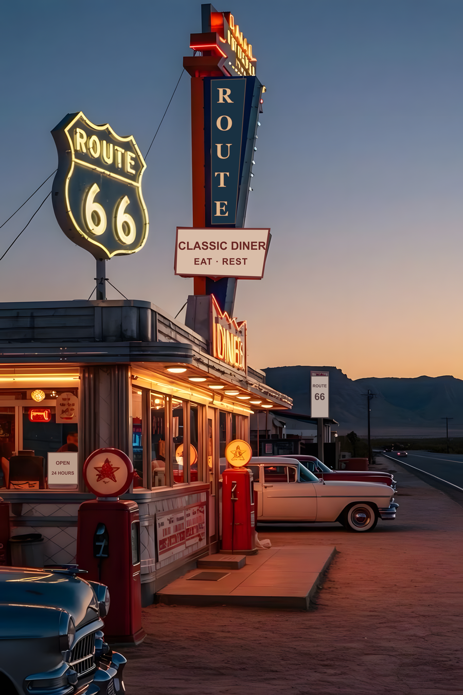 Route 66 diner poster showing neon road signs, Route 66 emblem, and roadside diner