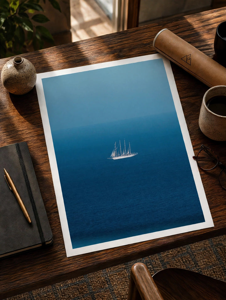 Minimalist Sailboat Print featuring a solitary boat on calm water with a simple horizon and uninterrupted blue tones.
