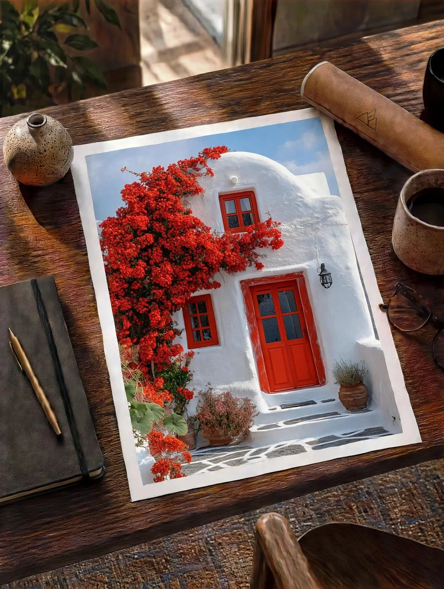 Santorini doorway print on table with white border, red doors, windows, and flowering tree