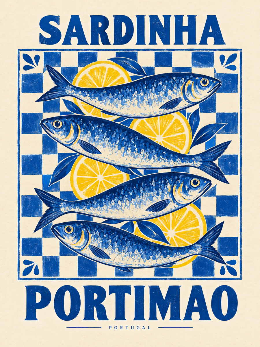 Sardinha Portimao sardine kitchen wall art poster with blue fish and lemon slices