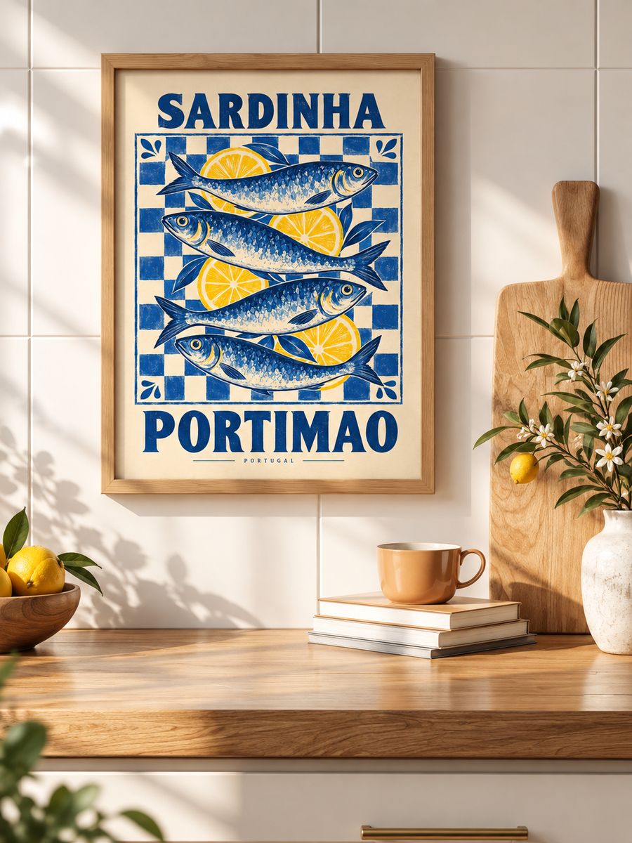 Sardinha Portimao sardine wall art displayed in a coastal inspired kitchen interior