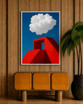 Framed print with blue background, white cloud, and red geometric stairs; white border.